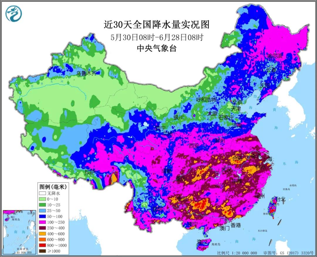 ▲圖為近30天全國降水實況圖。來源：中央氣象臺